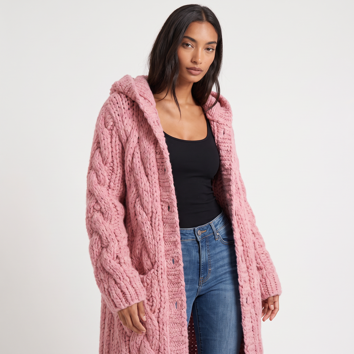 Women's Long Cable-Knit Hooded Cardigan