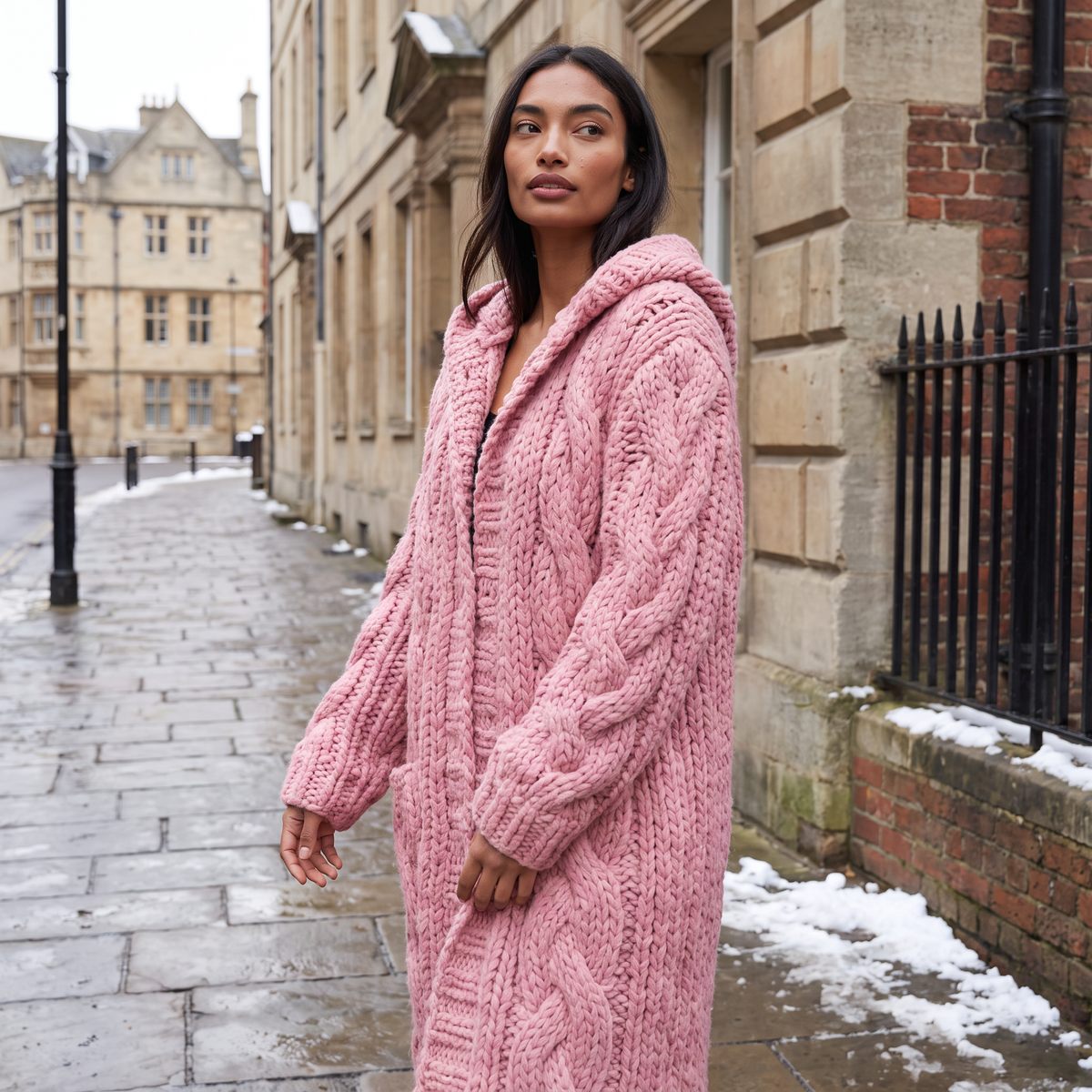 Women's Long Cable-Knit Hooded Cardigan