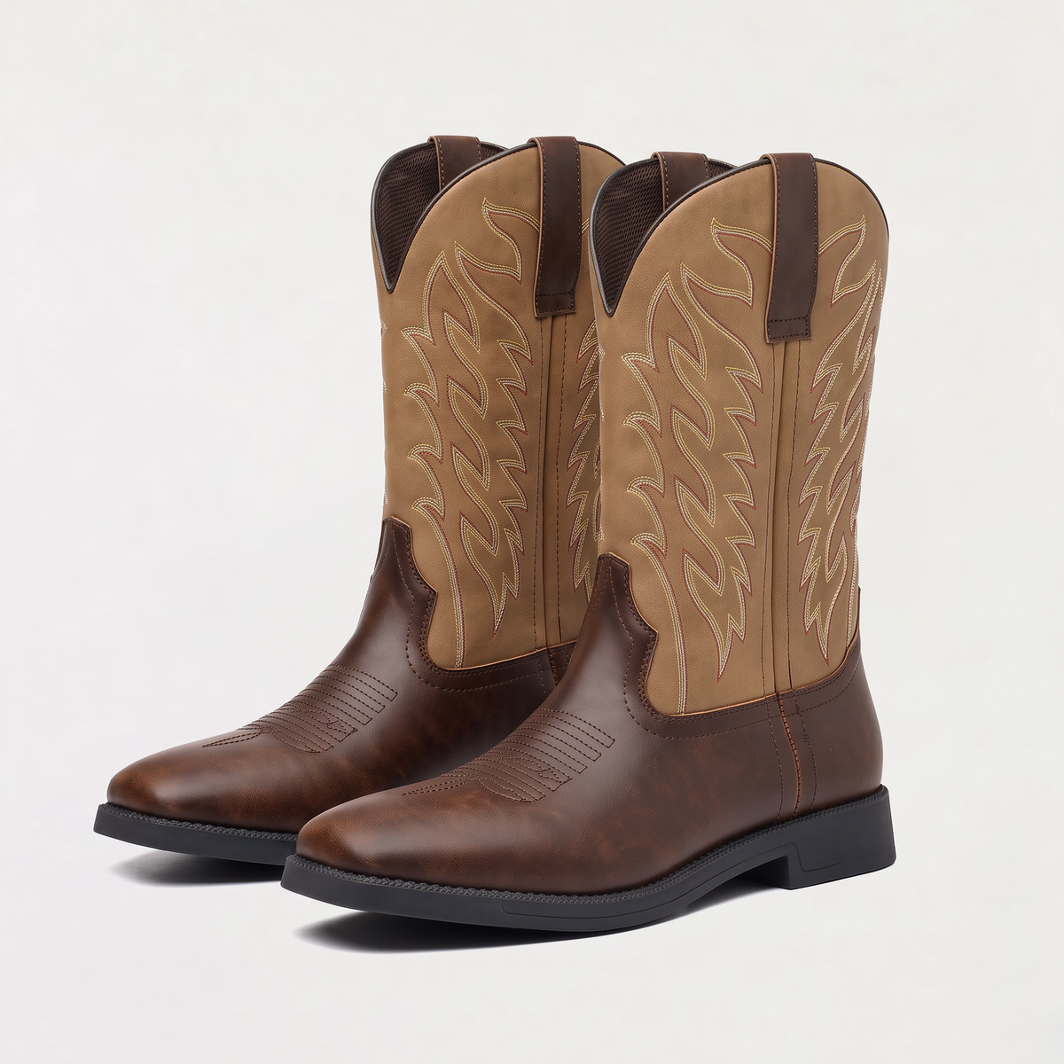 Mens Western Boots with Embroidered Shaft — Mid-Calf Square Toe Cowboy Boots
