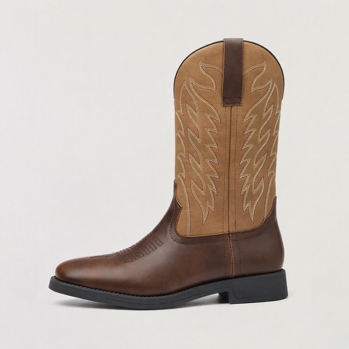 Mens Western Boots with Embroidered Shaft — Mid-Calf Square Toe Cowboy Boots