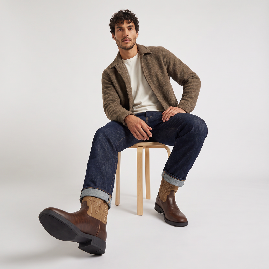 Mens Western Boots with Embroidered Shaft — Mid-Calf Square Toe Cowboy Boots
