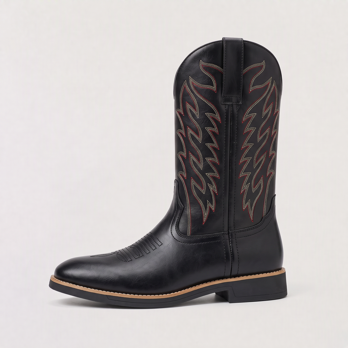 Mens Western Boots with Embroidered Shaft — Mid-Calf Square Toe Cowboy Boots