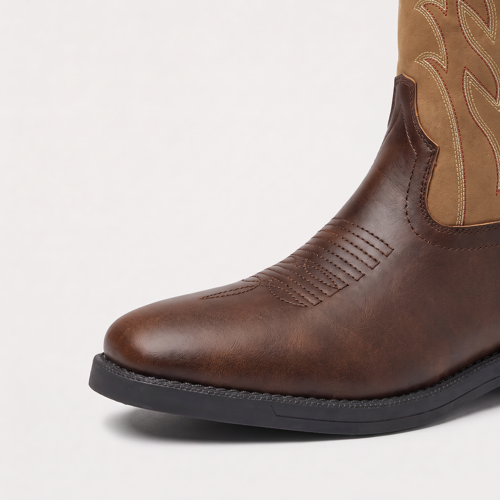 Mens Western Boots with Embroidered Shaft — Mid-Calf Square Toe Cowboy Boots