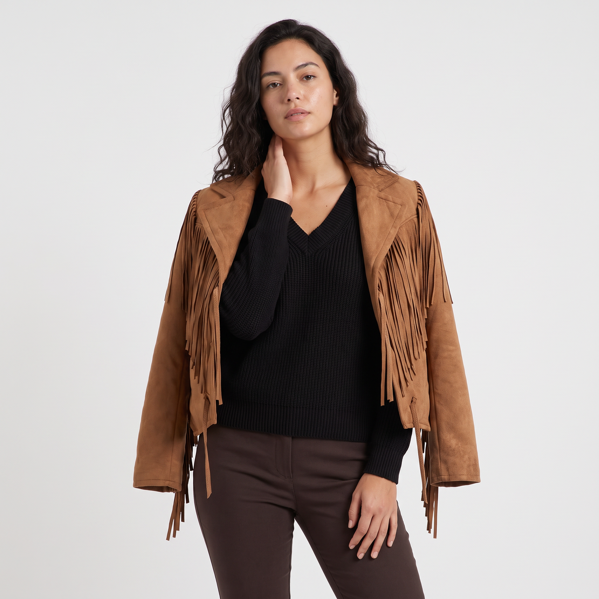 Women's Cropped Faux Suede Fringe Jacket