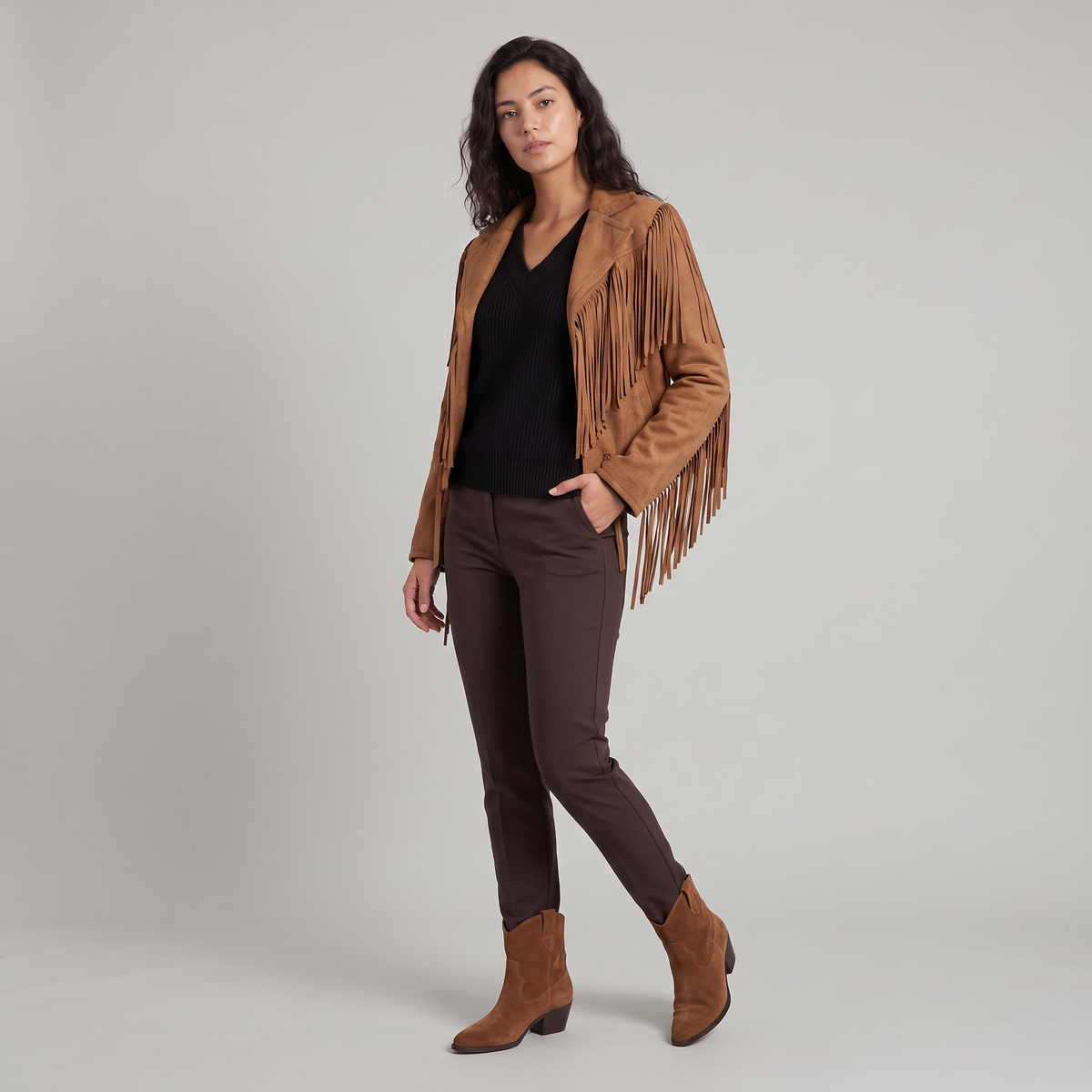 Women's Cropped Faux Suede Fringe Jacket