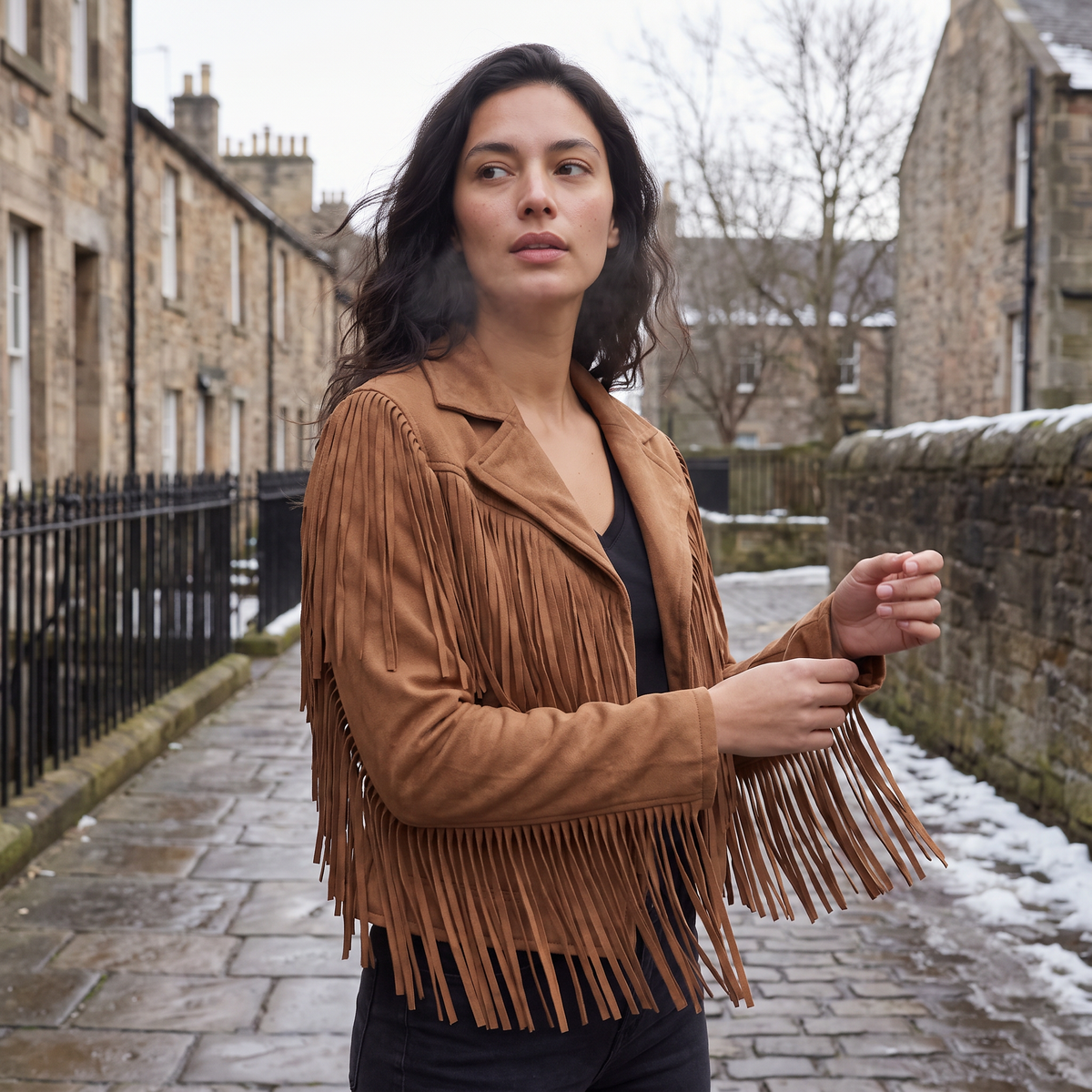 Women's Cropped Faux Suede Fringe Jacket