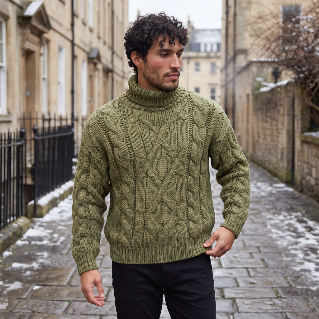 Men's Chunky Cable Knit Roll Neck Winter Jumper