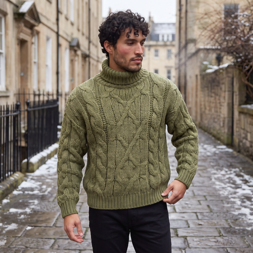 Men's Chunky Cable Knit Roll Neck Winter Jumper