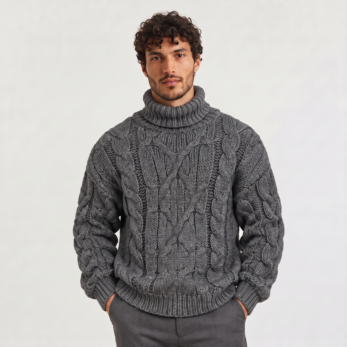 Men's Chunky Cable Knit Roll Neck Winter Jumper