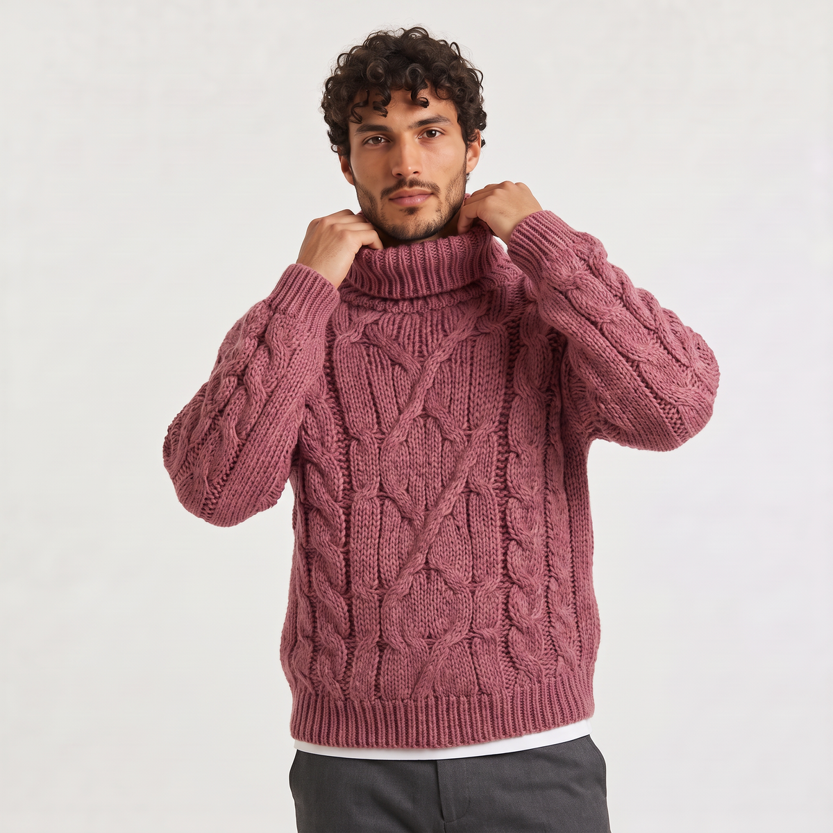 Men's Chunky Cable Knit Roll Neck Winter Jumper