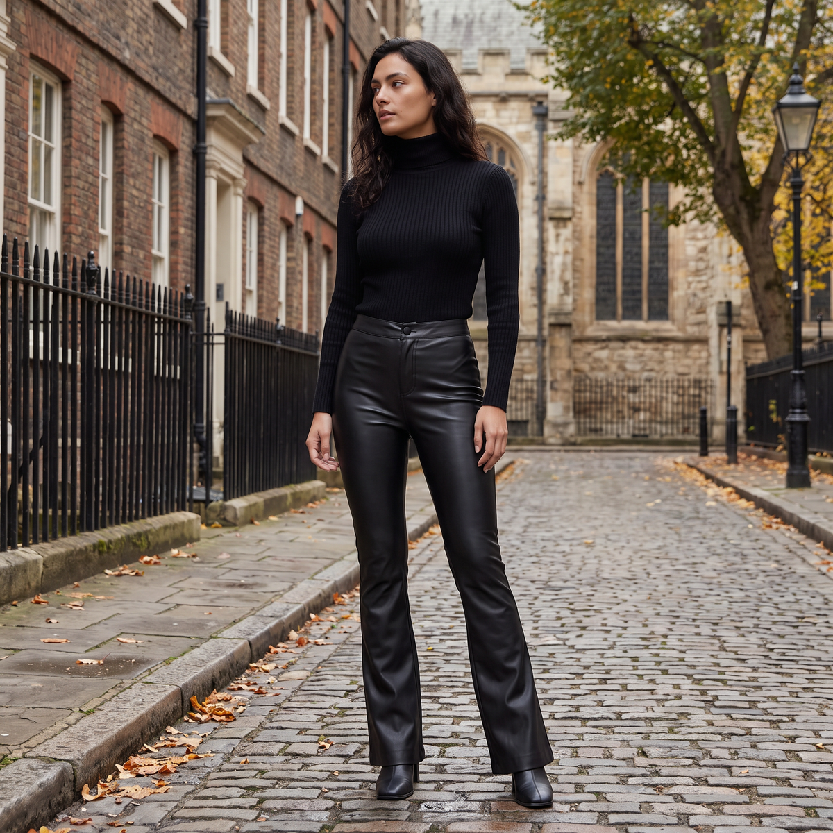 Women's High-Waisted Leather-Look Flared Trousers