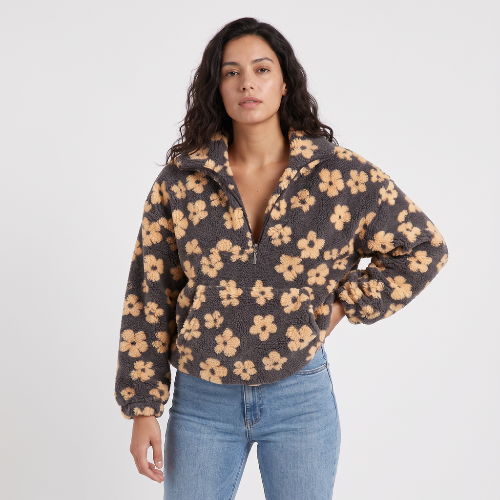 Women's Floral Teddy Fleece Half-Zip Jumper