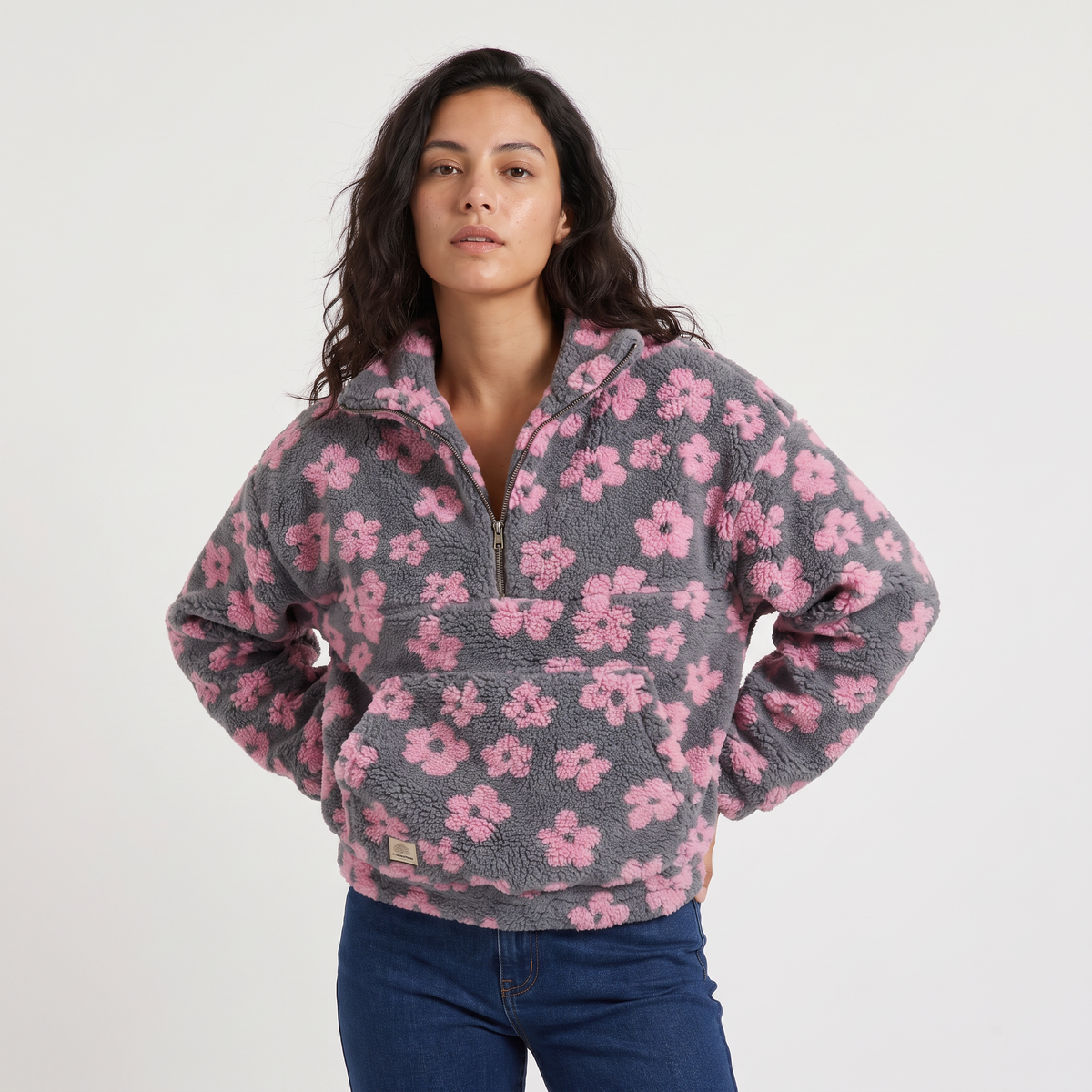 Women's Floral Teddy Fleece Half-Zip Jumper