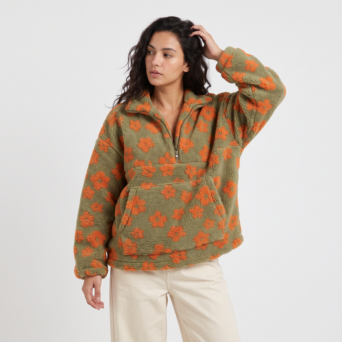 Women's Floral Teddy Fleece Half-Zip Jumper