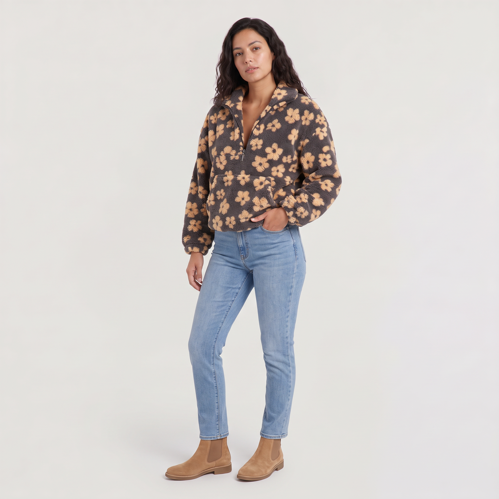 Women's Floral Teddy Fleece Half-Zip Jumper