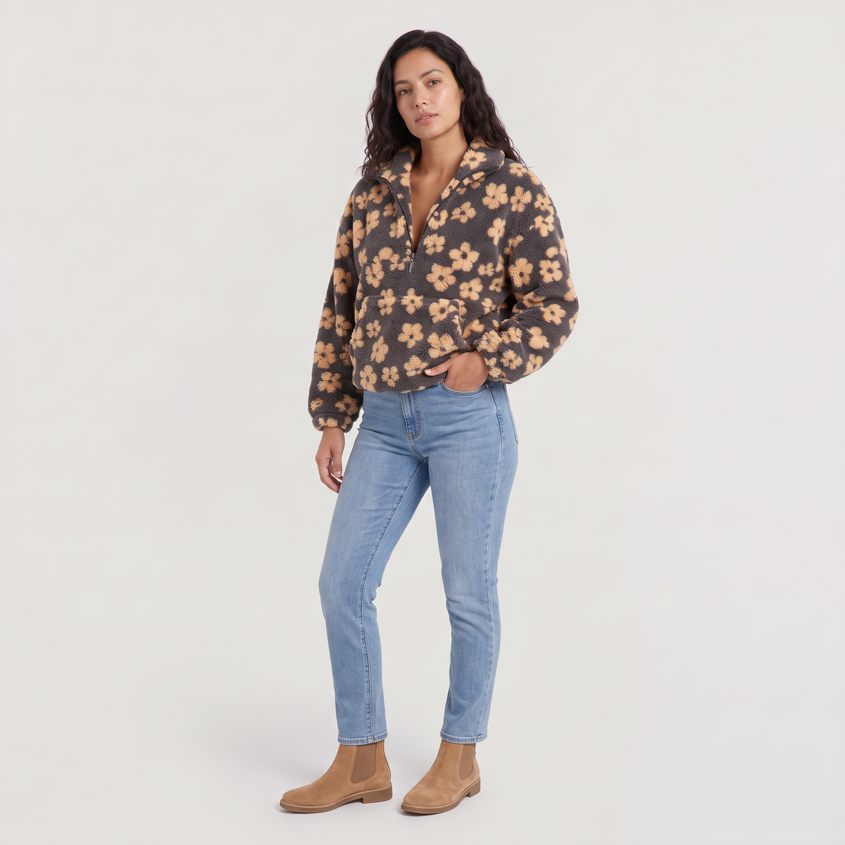 Women's Floral Teddy Fleece Half-Zip Jumper