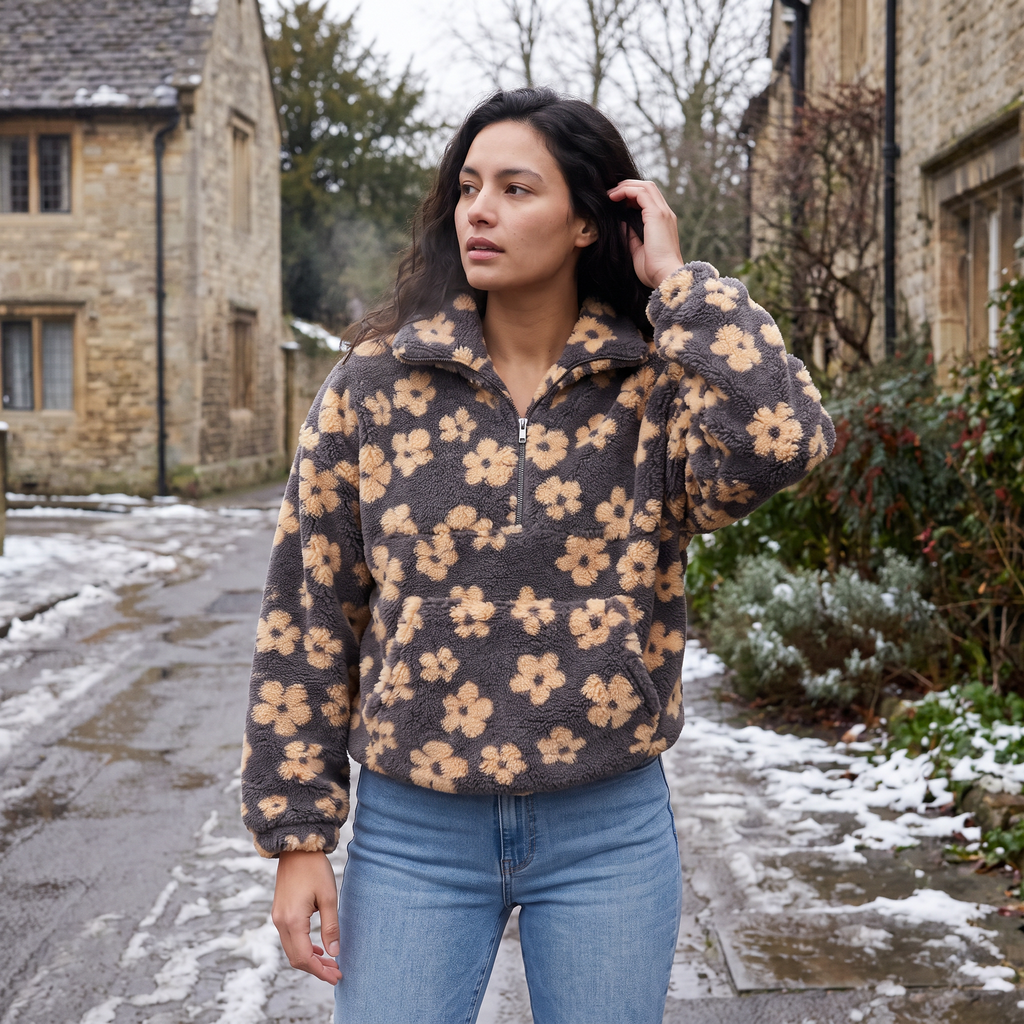Women's Floral Teddy Fleece Half-Zip Jumper