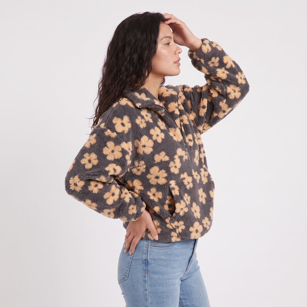 Women's Floral Teddy Fleece Half-Zip Jumper