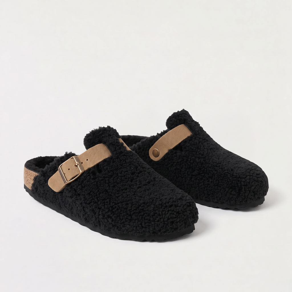 Women's Buckle Strap Wool-Effect Clogs