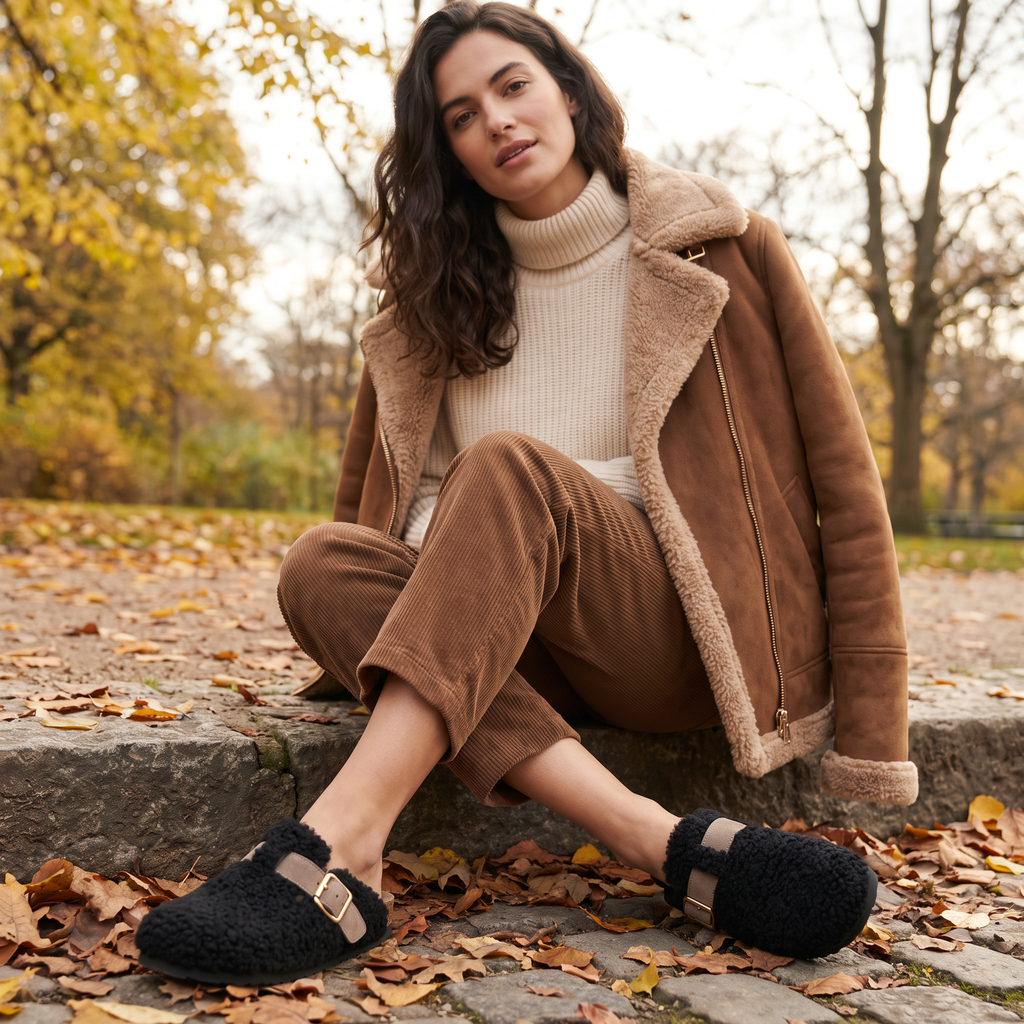 Women's Buckle Strap Wool-Effect Clogs