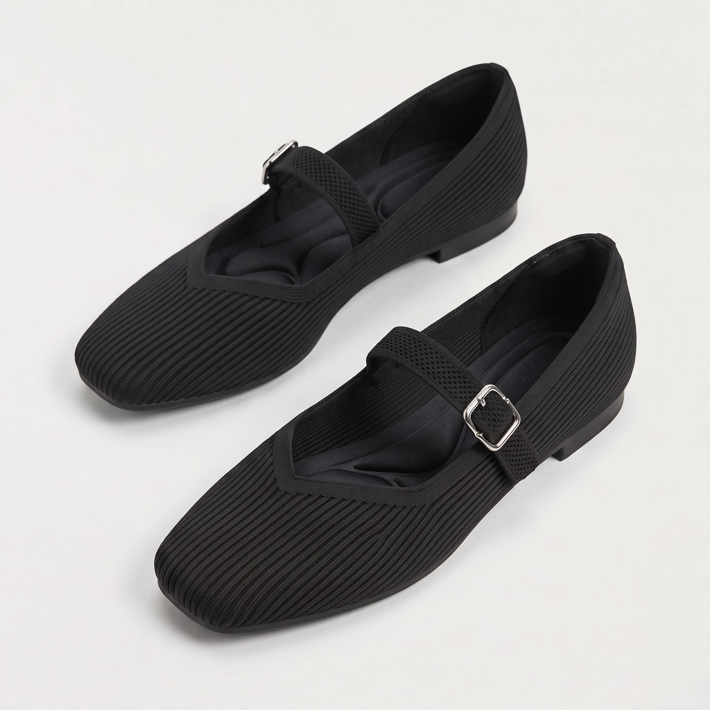 Women's Ribbed Mesh Mary Jane Flats - Square Toe Ballerinas