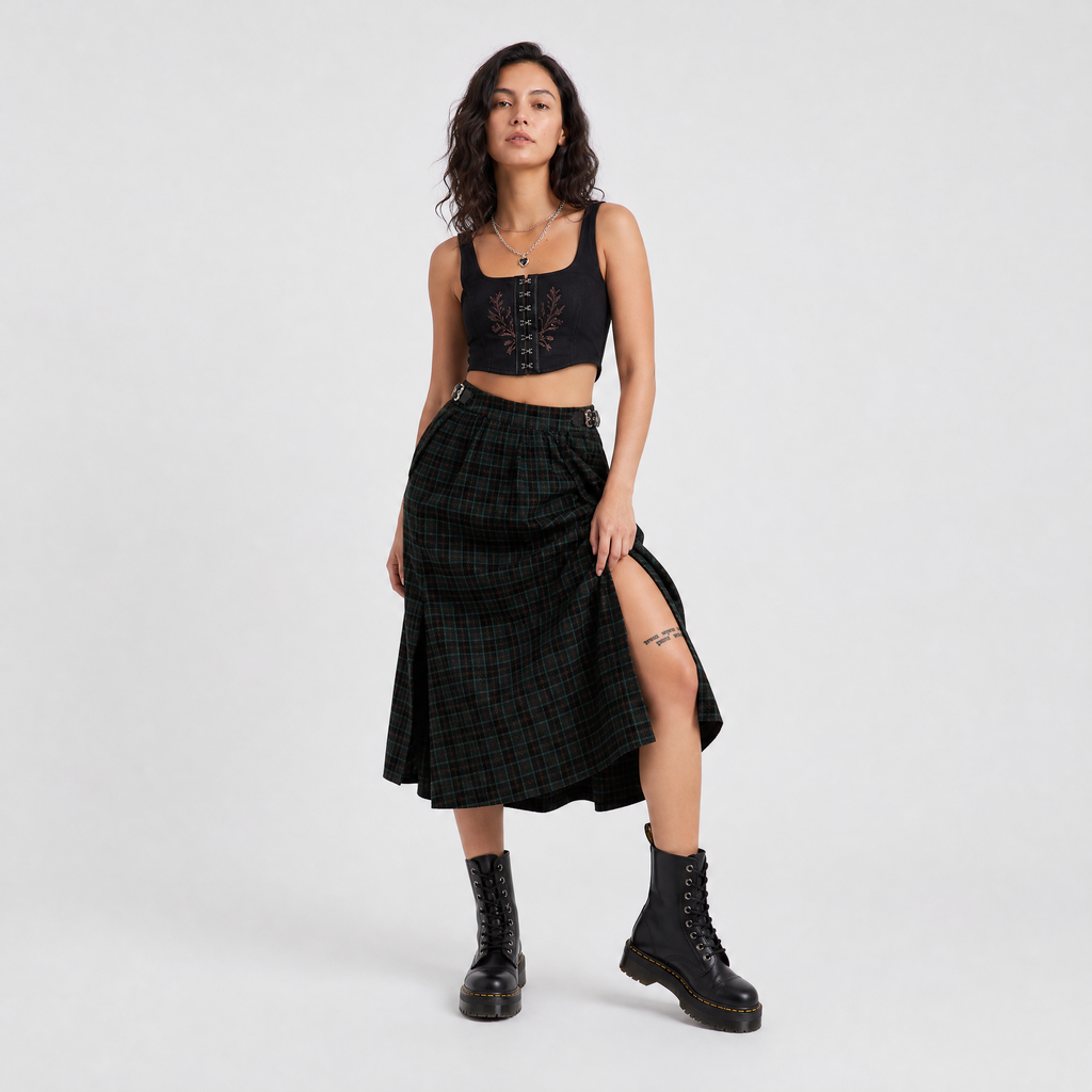 Women’s Tartan A-Line Green Pleated  Midi Skirt