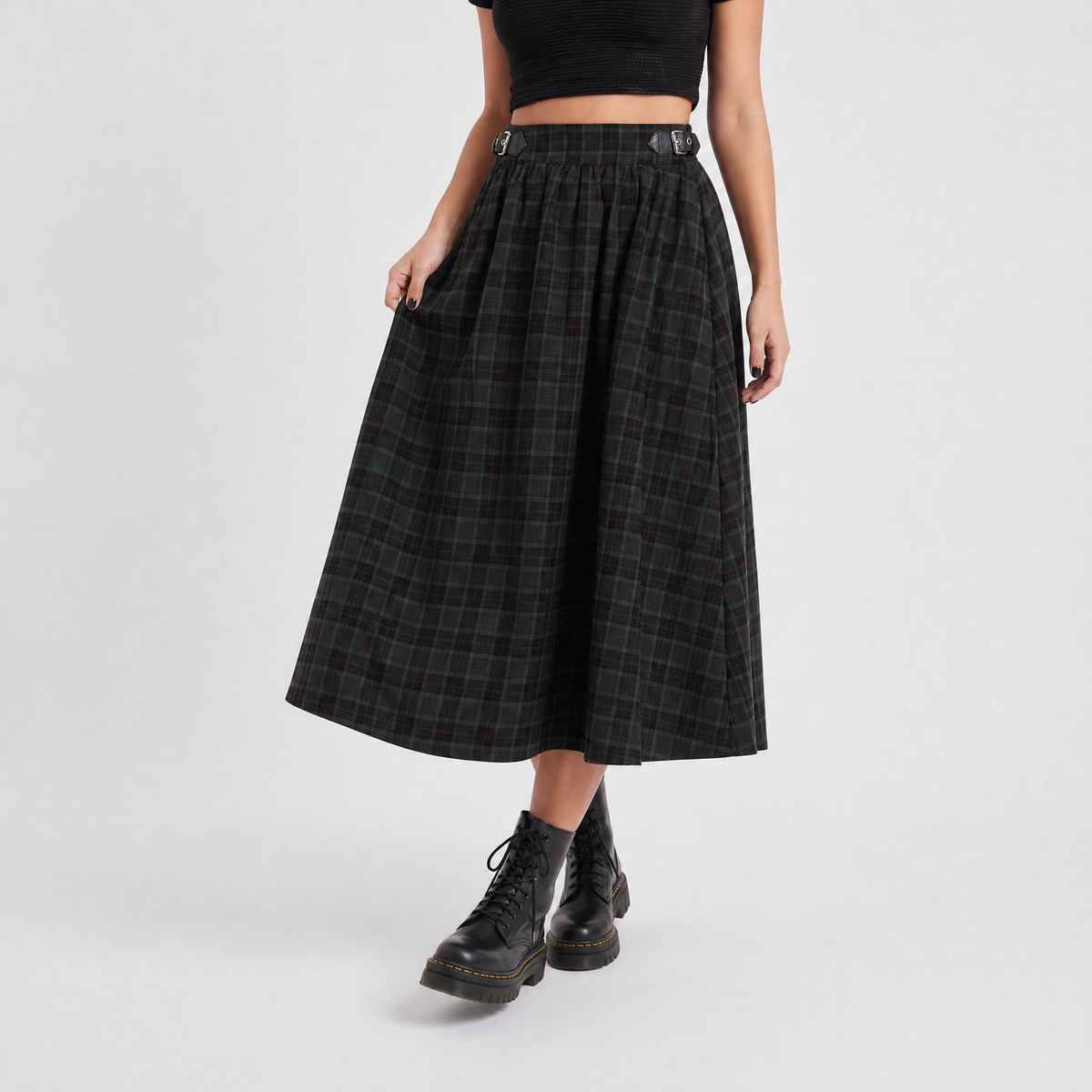 Women’s Tartan A-Line Green Pleated  Midi Skirt