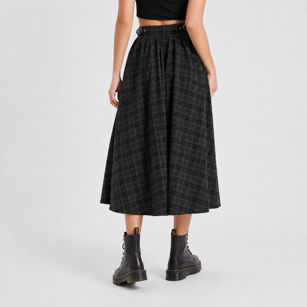 Women’s Tartan A-Line Green Pleated  Midi Skirt