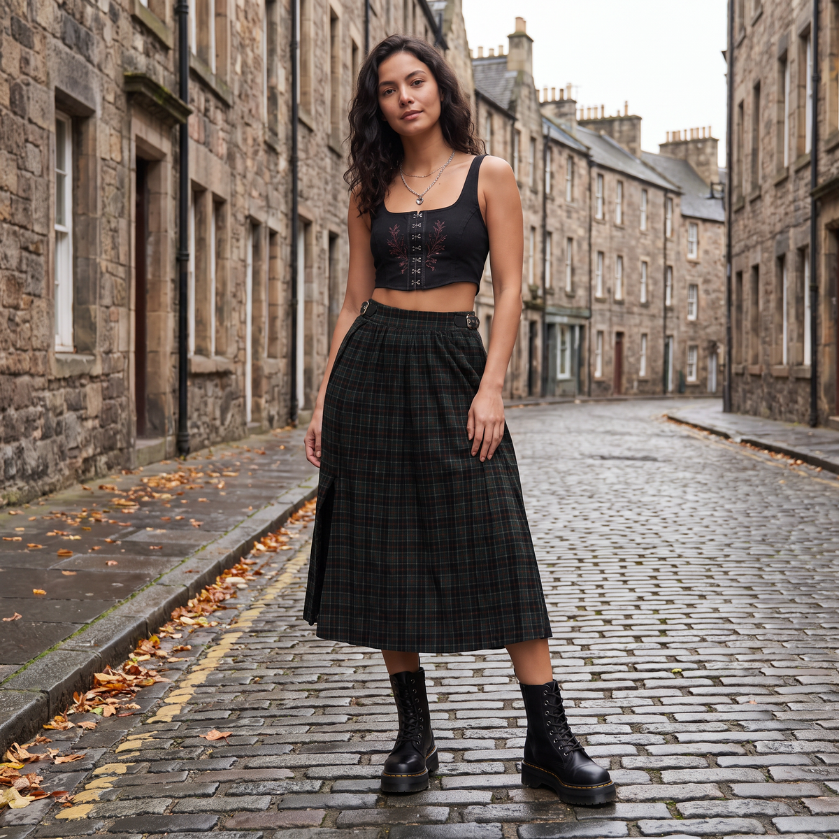 Women’s Tartan A-Line Green Pleated  Midi Skirt