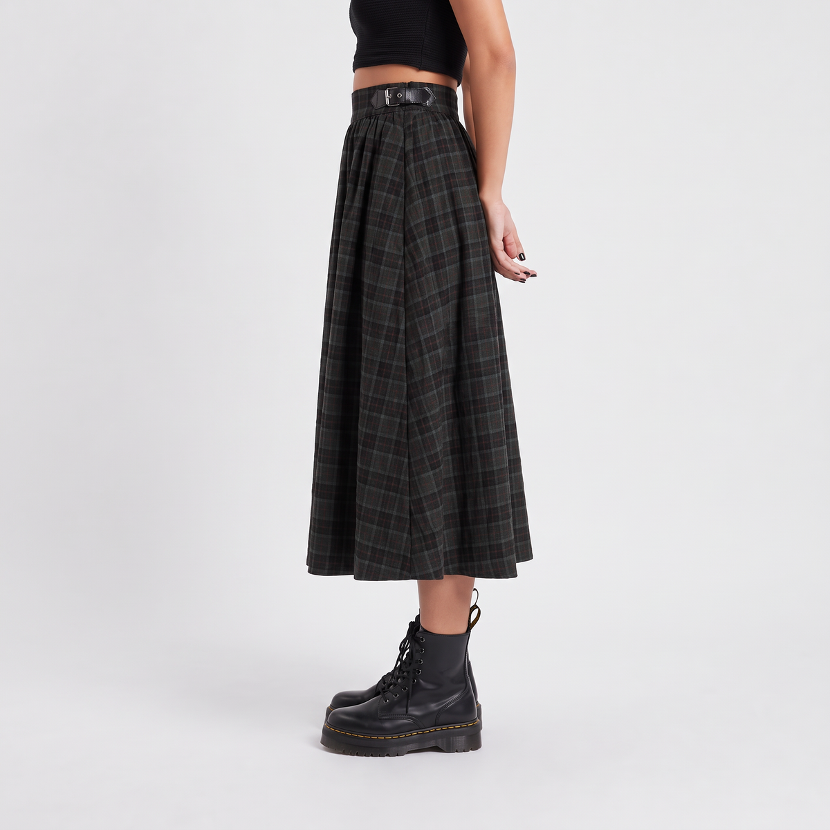 Women’s Tartan A-Line Green Pleated  Midi Skirt