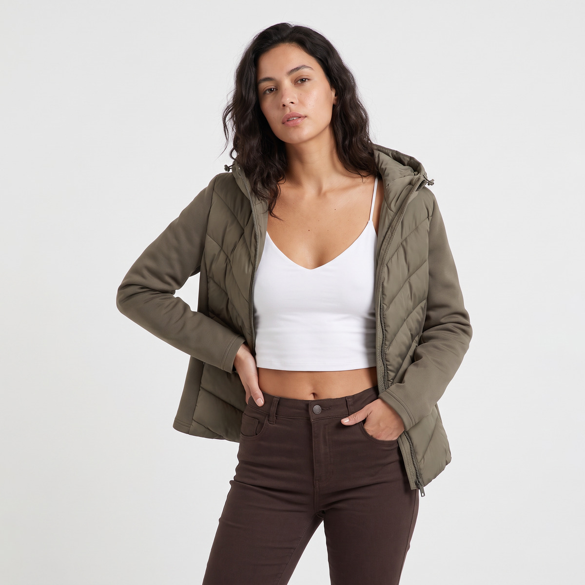 Women's Hooded Chevron Puffer Quilted Jacket