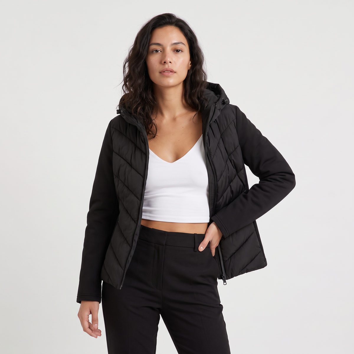 Women's Hooded Chevron Puffer Quilted Jacket
