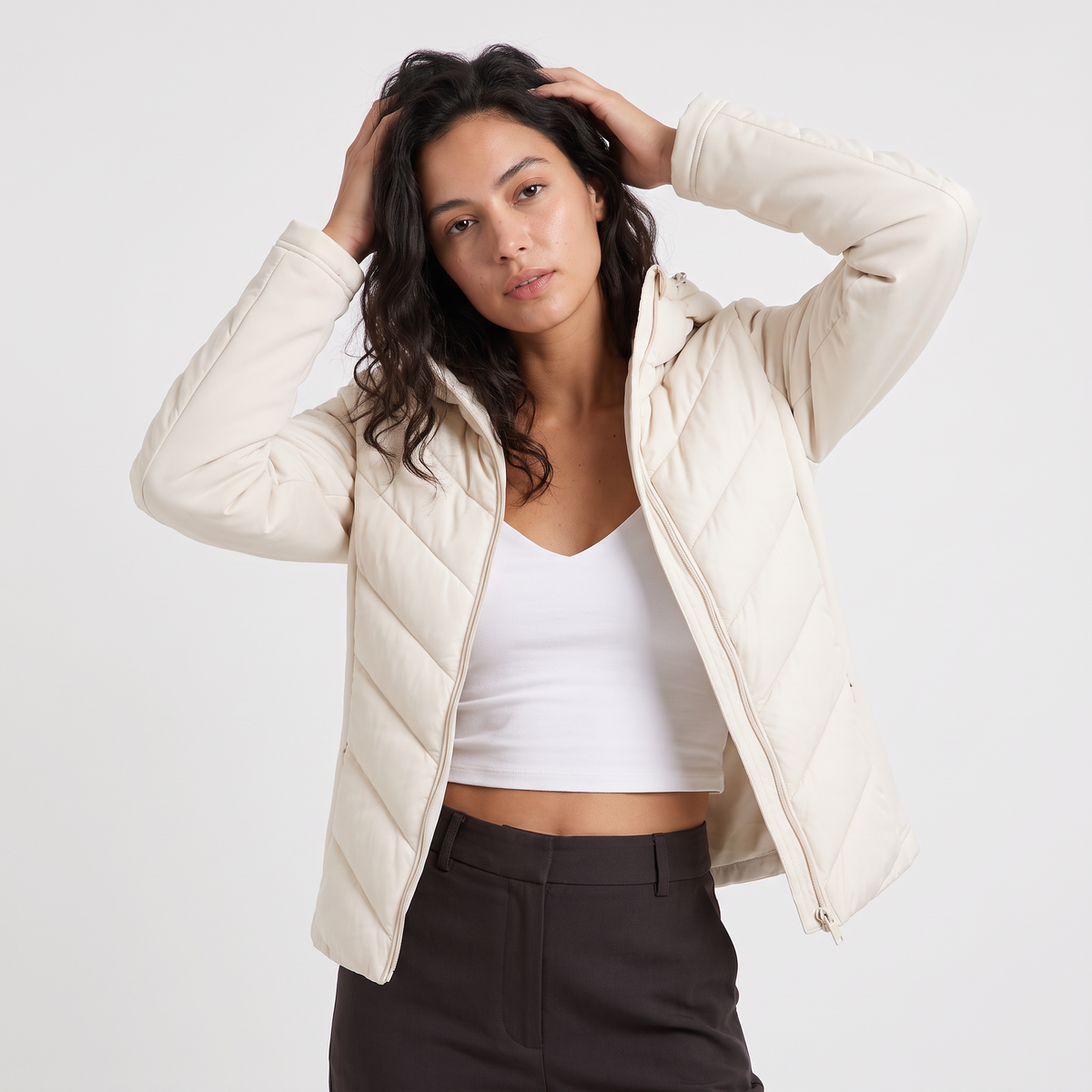 Women's Hooded Chevron Puffer Quilted Jacket