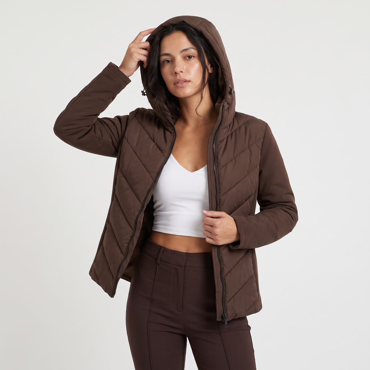 Women's Hooded Chevron Puffer Quilted Jacket