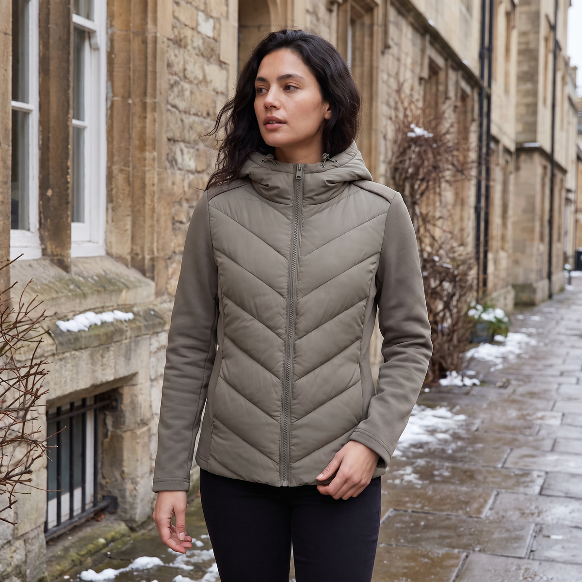 Women's Hooded Chevron Puffer Quilted Jacket