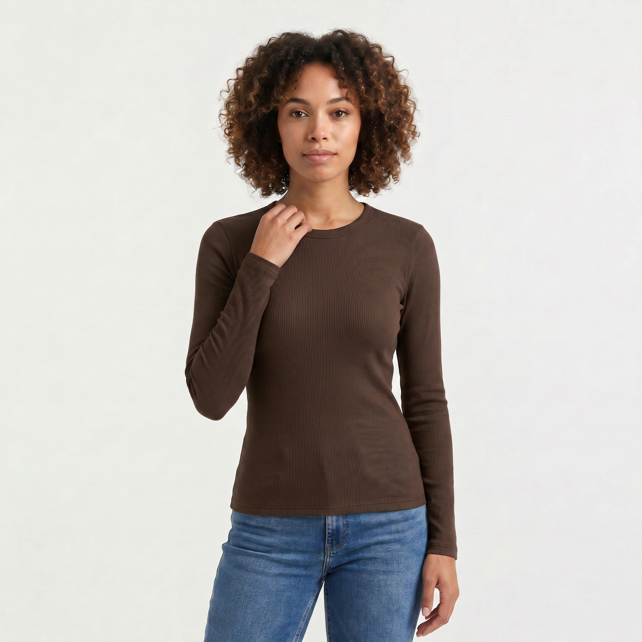 Women's Ribbed Crew Neck Long Sleeve Top