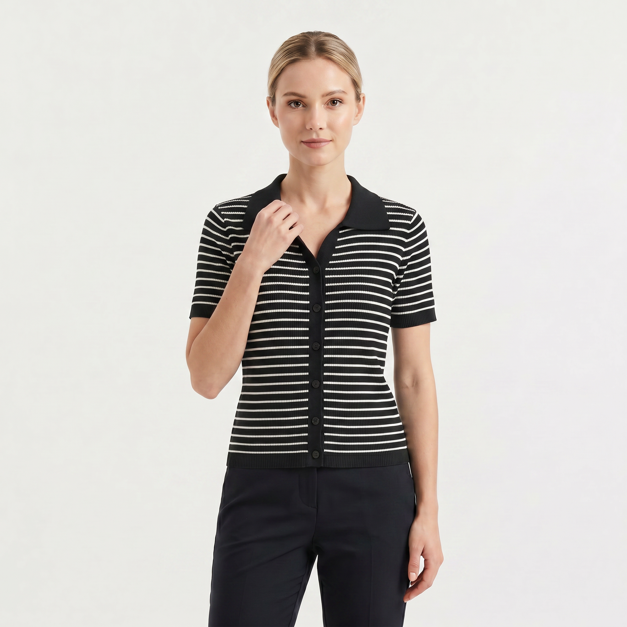 Women's Striped Button-Up Polo Shirt