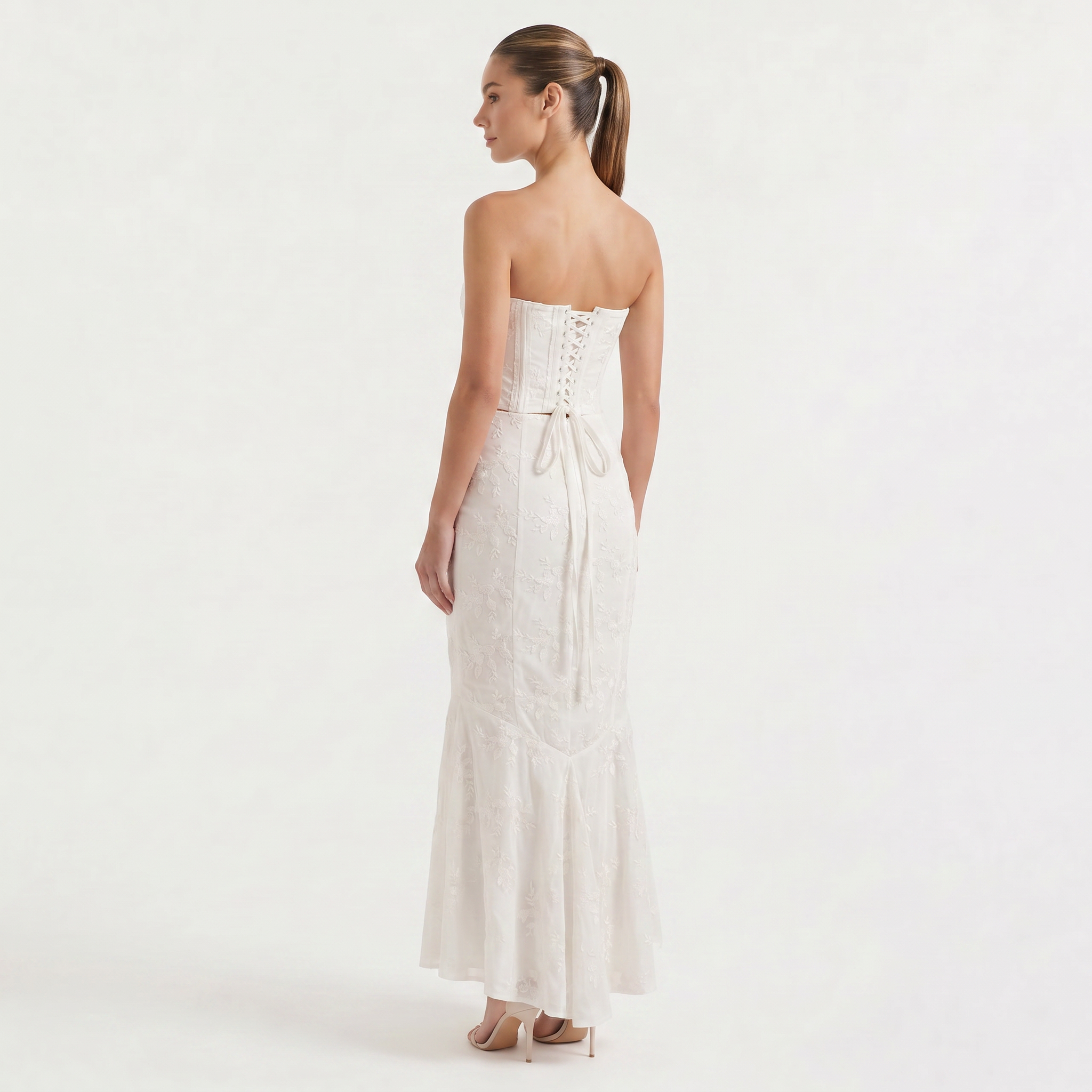 Women's White Strapless Maxi Dress - Embroidered