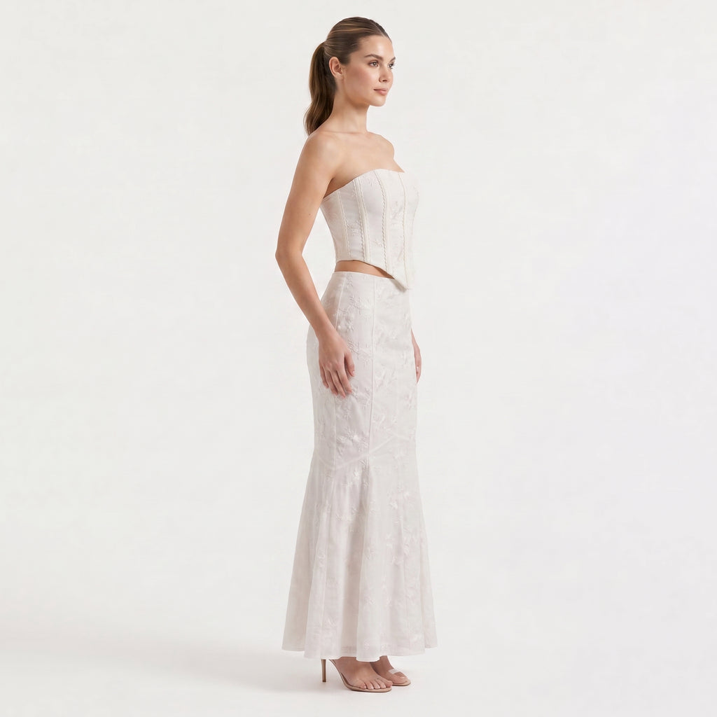 Women's White Strapless Maxi Dress - Embroidered