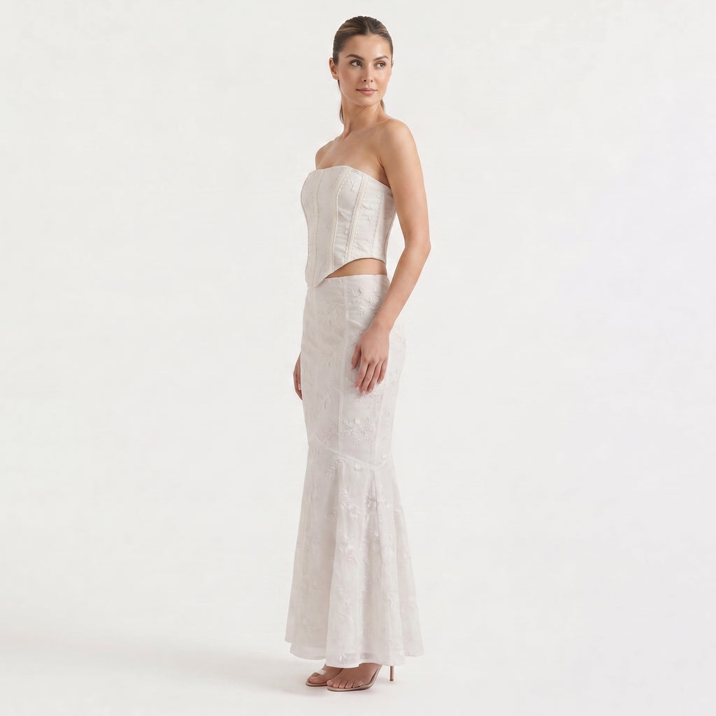 Women's White Strapless Maxi Dress - Embroidered