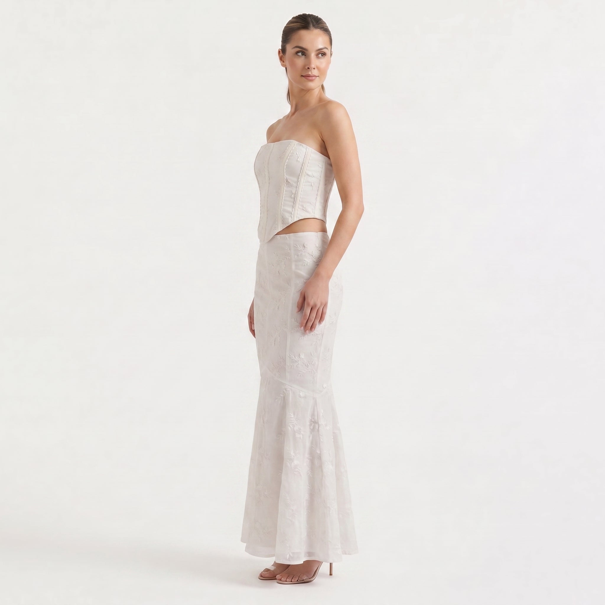 Women's White Strapless Maxi Dress - Embroidered