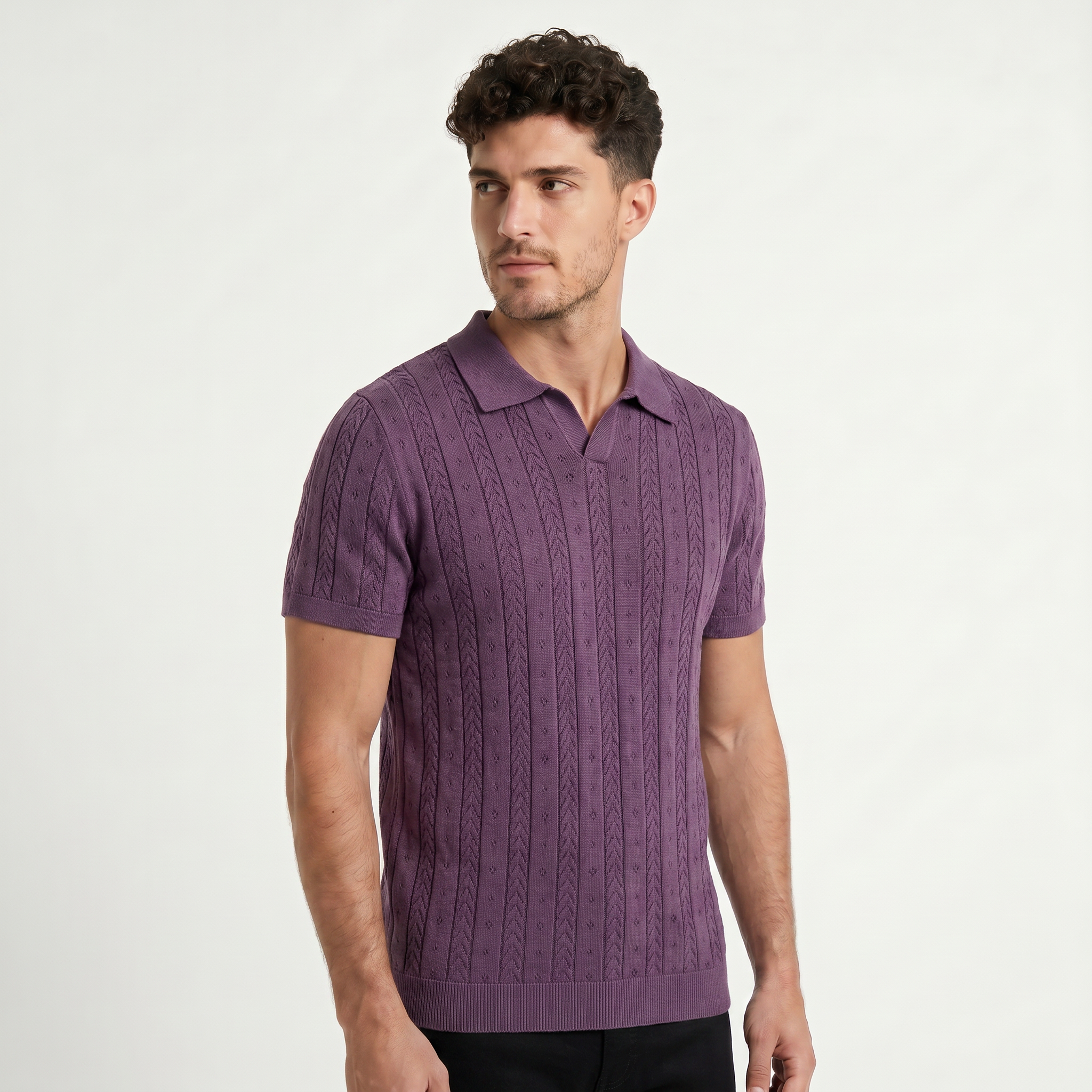 Men's Open Collar Textured Knit Polo