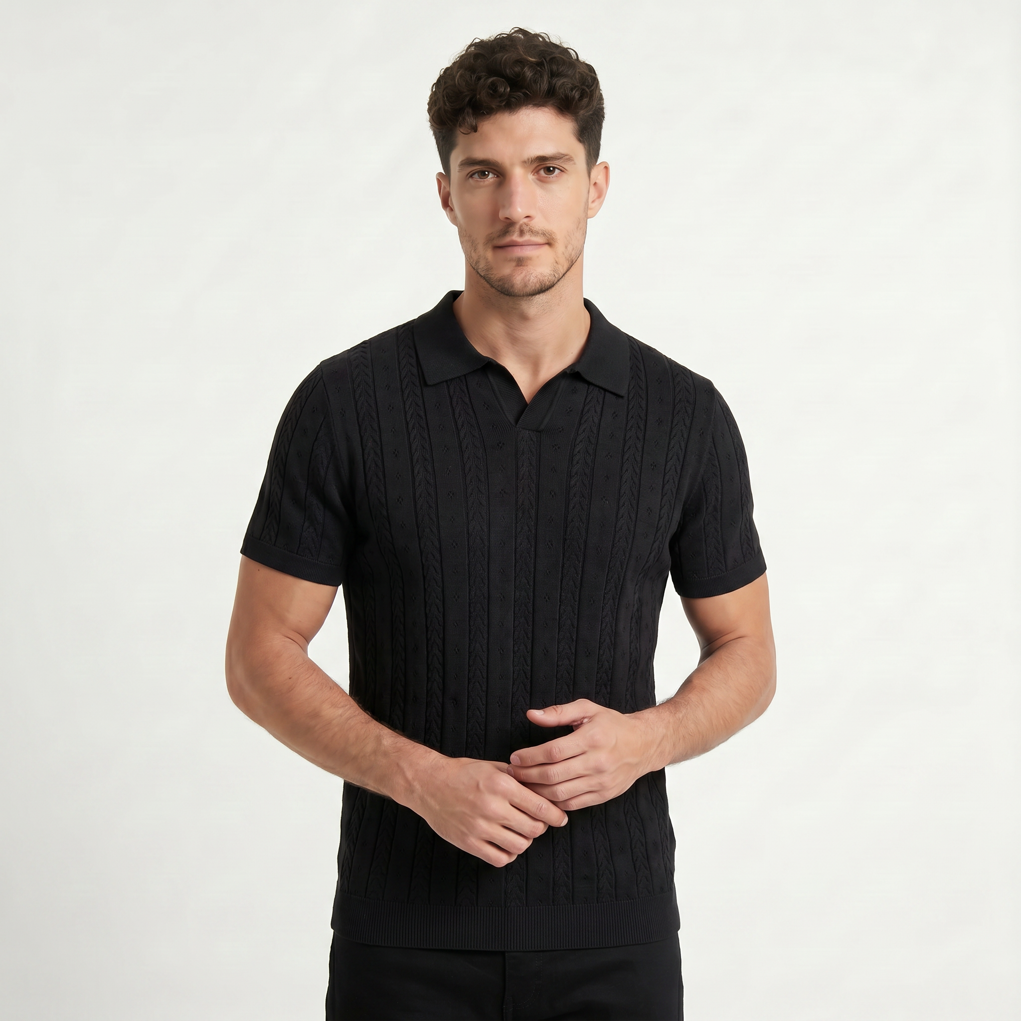 Men's Open Collar Textured Knit Polo