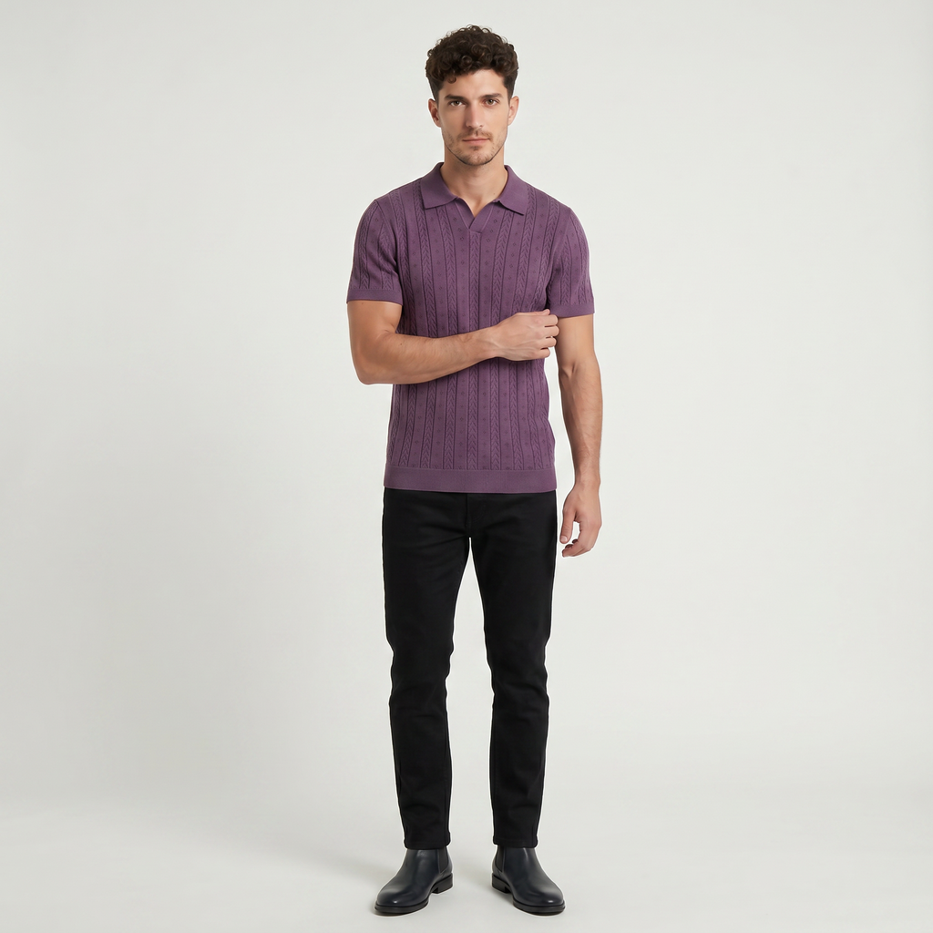 Men's Open Collar Textured Knit Polo