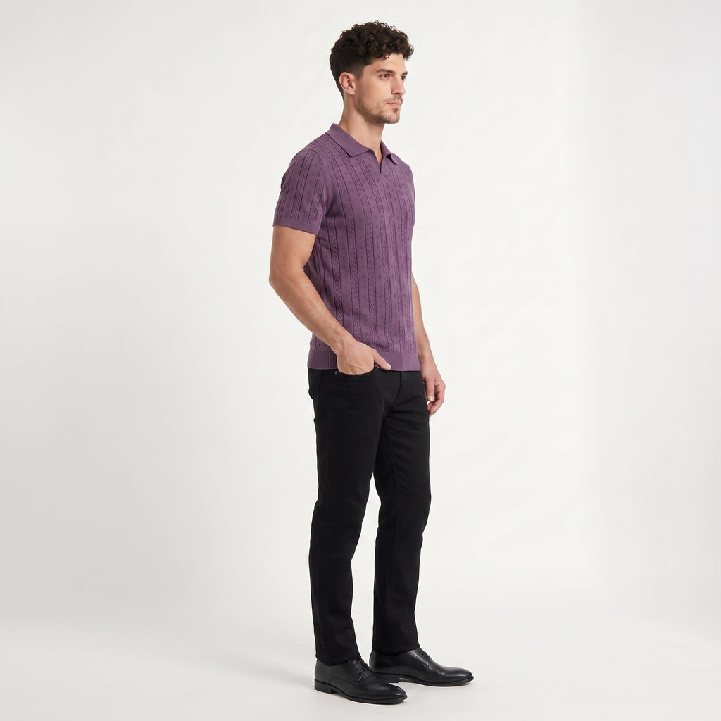 Men's Open Collar Textured Knit Polo