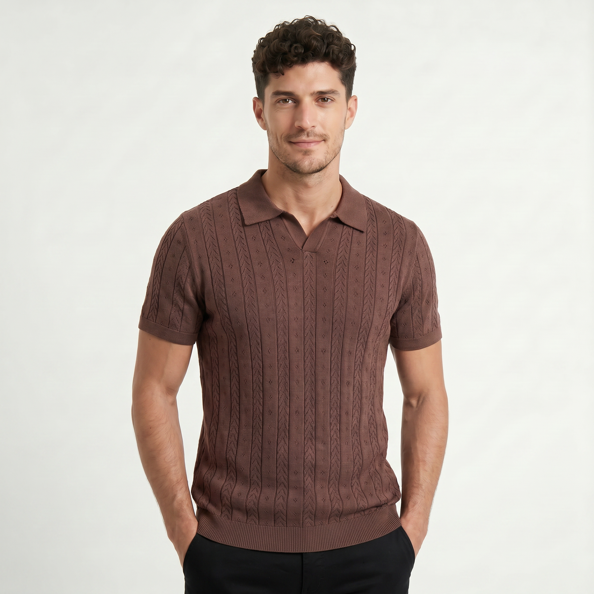 Men's Open Collar Textured Knit Polo