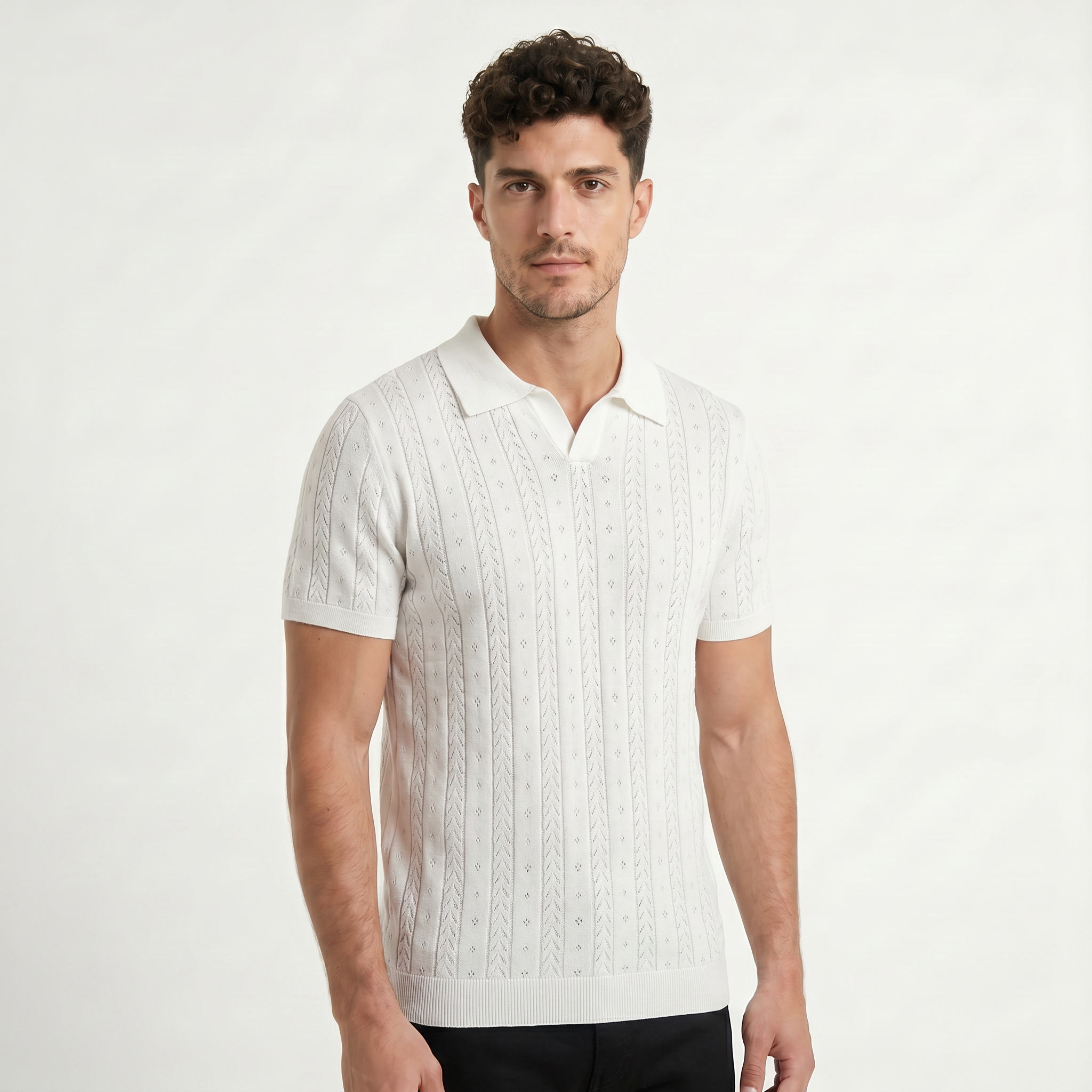 Men's Open Collar Textured Knit Polo