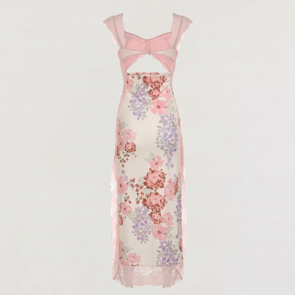 Women's Pink Floral Hollow Lace Maxi Dress