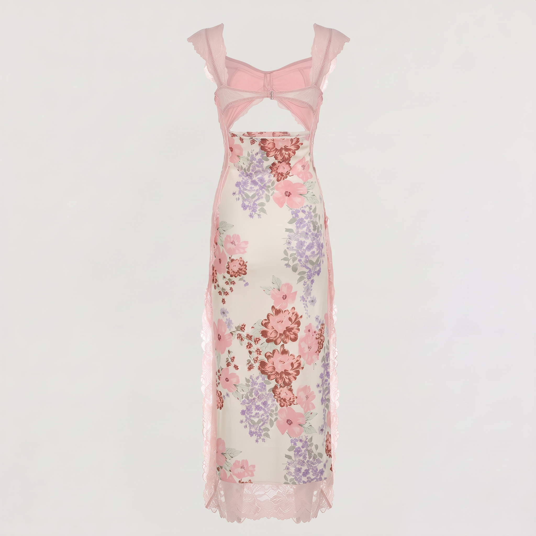 Women's Pink Floral Hollow Lace Maxi Dress