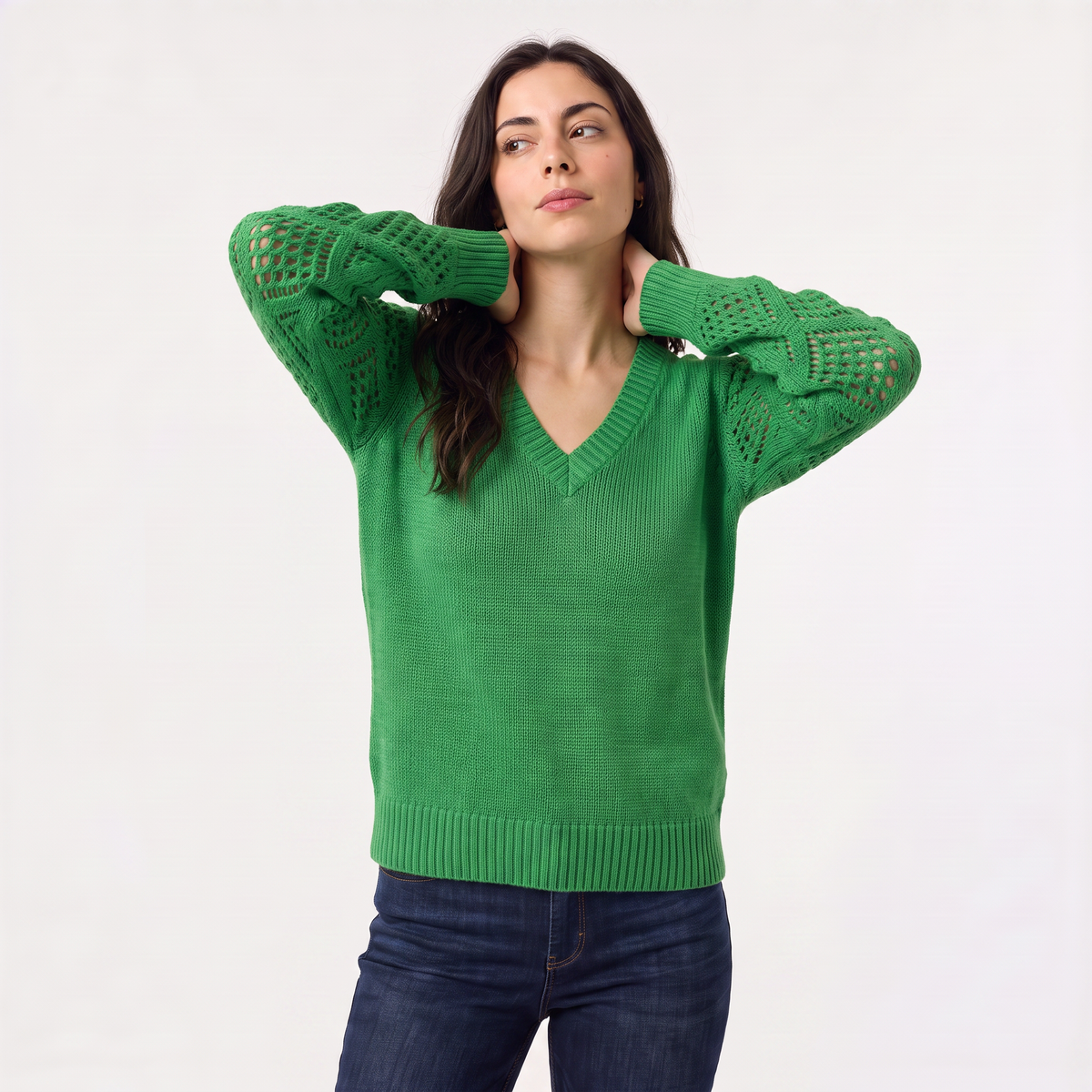 Women's V-Neck Pointelle Sleeve Jumper
